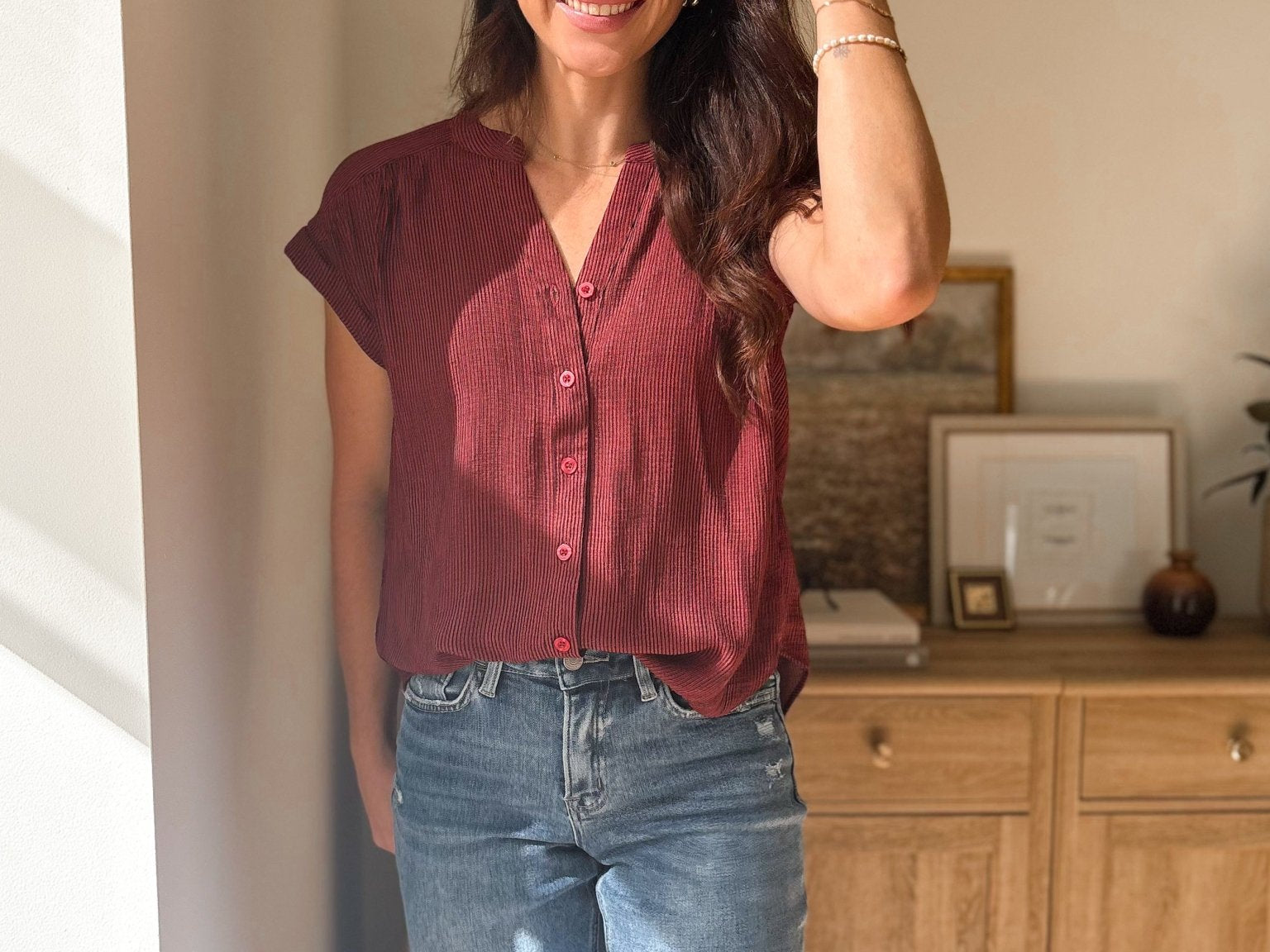 Honeycrisp Pinstripe Short Sleeve Button Down Shirt - Love and Lee Apparel