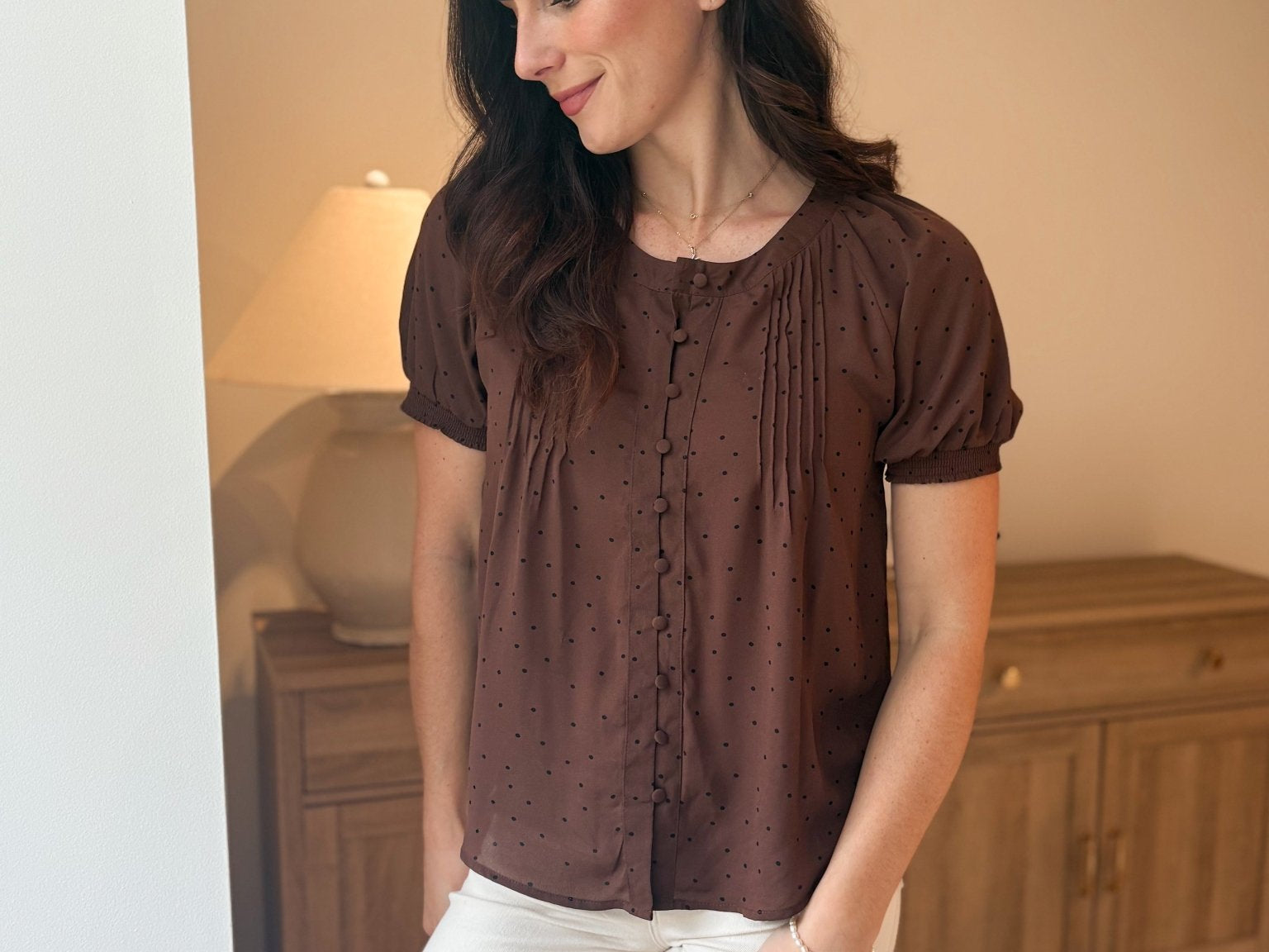 The Mayfair Pintuck Polka Dot Button Down Puff Sleeve Top - Love and Lee Apparel