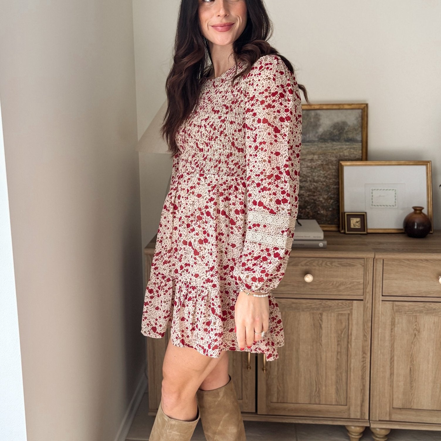 The Early Harvest Lace Trim Smocking Printed Mini Dress - Love and Lee Apparel