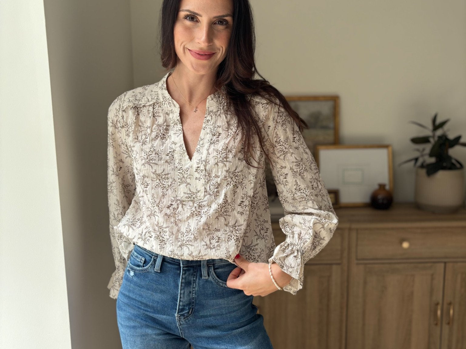 The Vintage Stonehouse Floral Print Split Neck Long Sleeve Blouse - Love and Lee Apparel