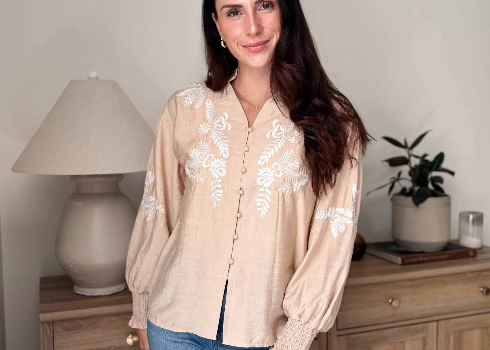 The Aspen Floral Embroidered Cotton Blend Blouse Boho Puff Sleeve - Love and Lee Apparel