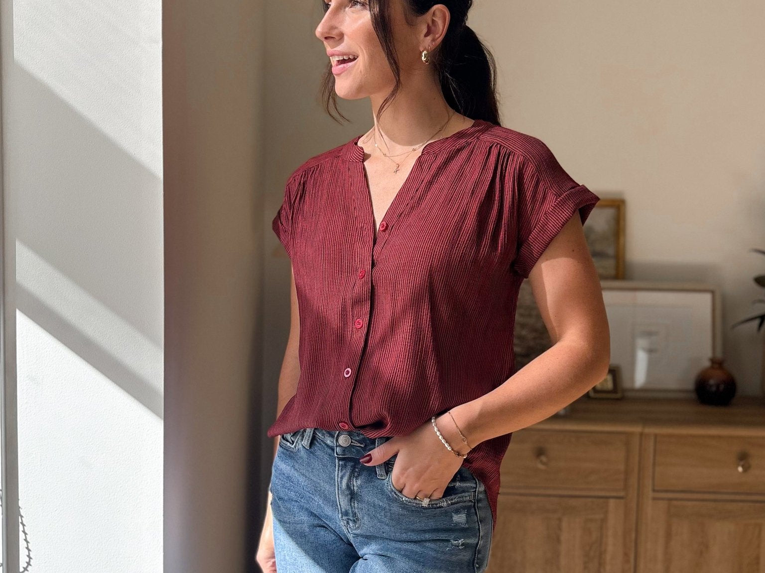 Honeycrisp Pinstripe Short Sleeve Button Down Shirt - Love and Lee Apparel
