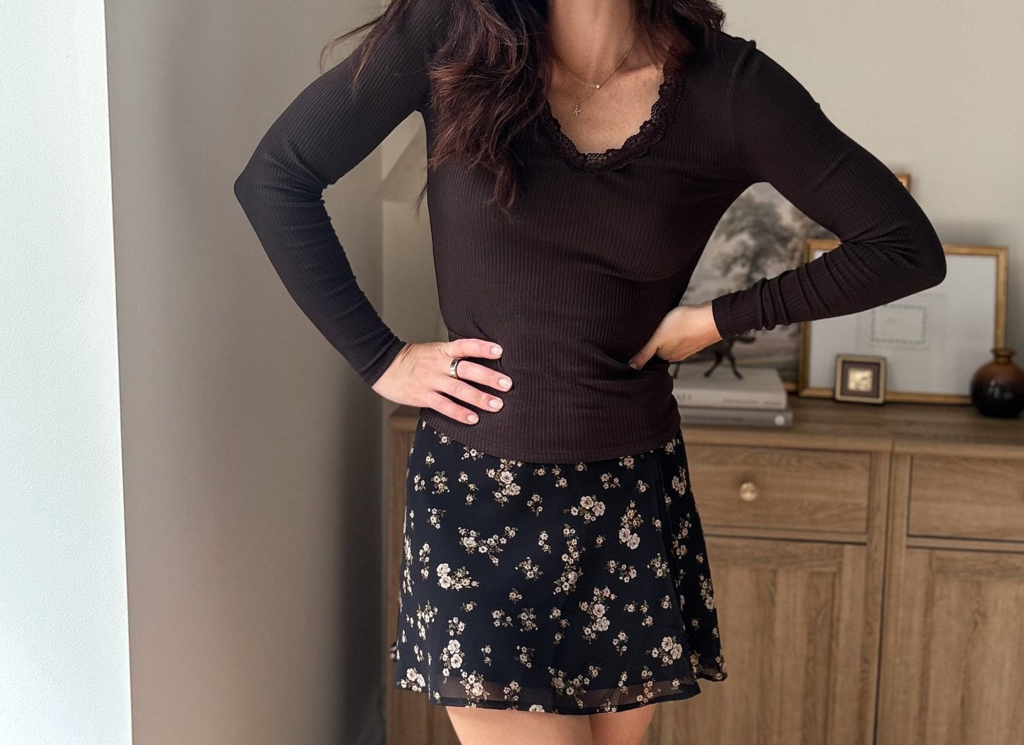 The Baylor Floral Print Elastic Lace Trim Mini Skirt in Black - Love and Lee Apparel