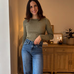 The Strolling Fields Boat Neck Long Sleeve Ribbed Knit Top in Green - Love and Lee Apparel