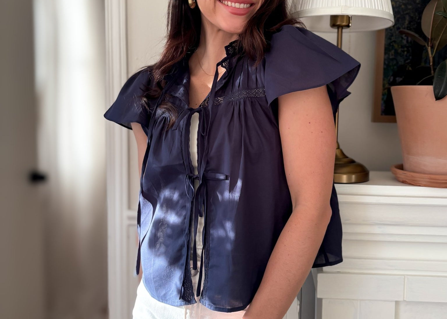 The Cosette Pintuck Lace Yoke Ruffle Detail Front Tie Blouse - Love and Lee Apparel