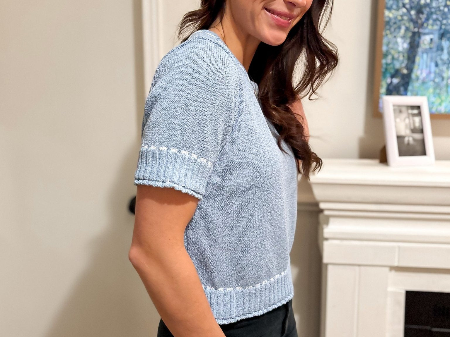 The Vivianne Short Sleeve Sweater with Contrast Color Stitch in Powder Blue - Love and Lee Apparel