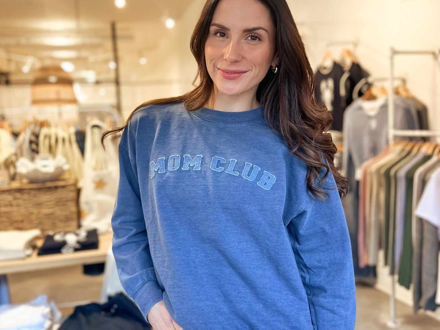 The Mom Club Crewneck Knit Top in Indigo Denim Blue - Love and Lee Apparel