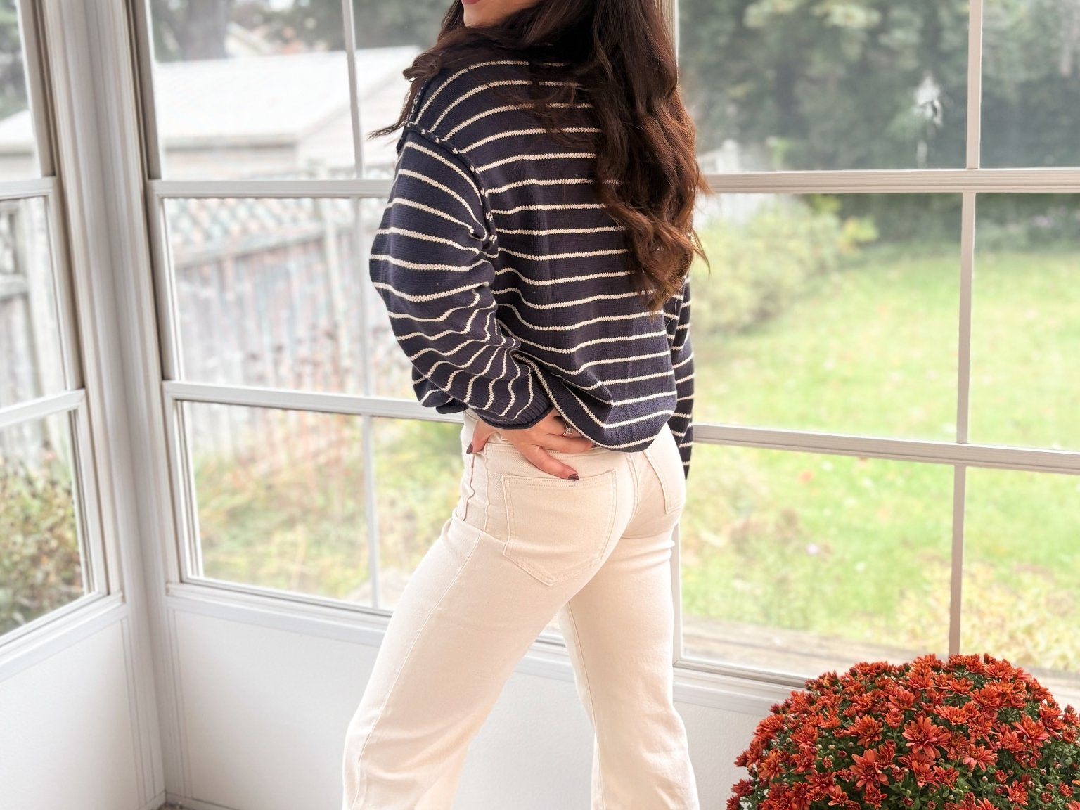 The Highlands Striped Drop Shoulder Crew Neck Sweater in Navy - Love and Lee Apparel