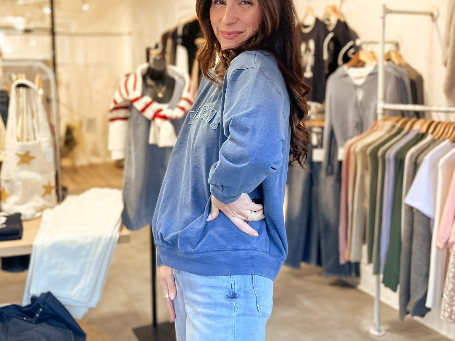 The Mom Club Crewneck Knit Top in Indigo Denim Blue - Love and Lee Apparel