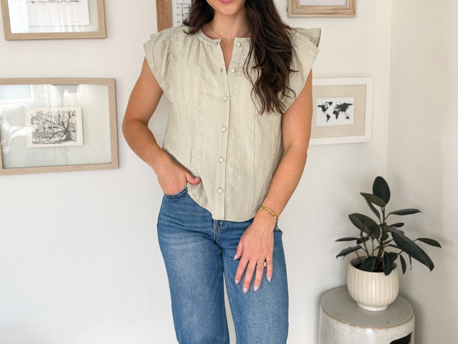 The Pheobe Flutter Sleeve Button Down Embroidered Top - Love and Lee Apparel