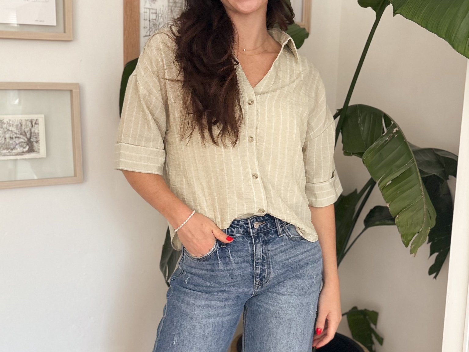 Micheline Pinstripe Collared Button Down 3/4 Sleeve Top - Love and Lee Apparel