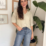 Micheline Pinstripe Collared Button Down 3/4 Sleeve Top - Love and Lee Apparel