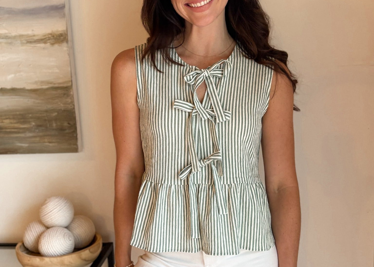 Cruising Stripe Front Tie Sleeveless Ruffle Hem Top - Love and Lee Apparel