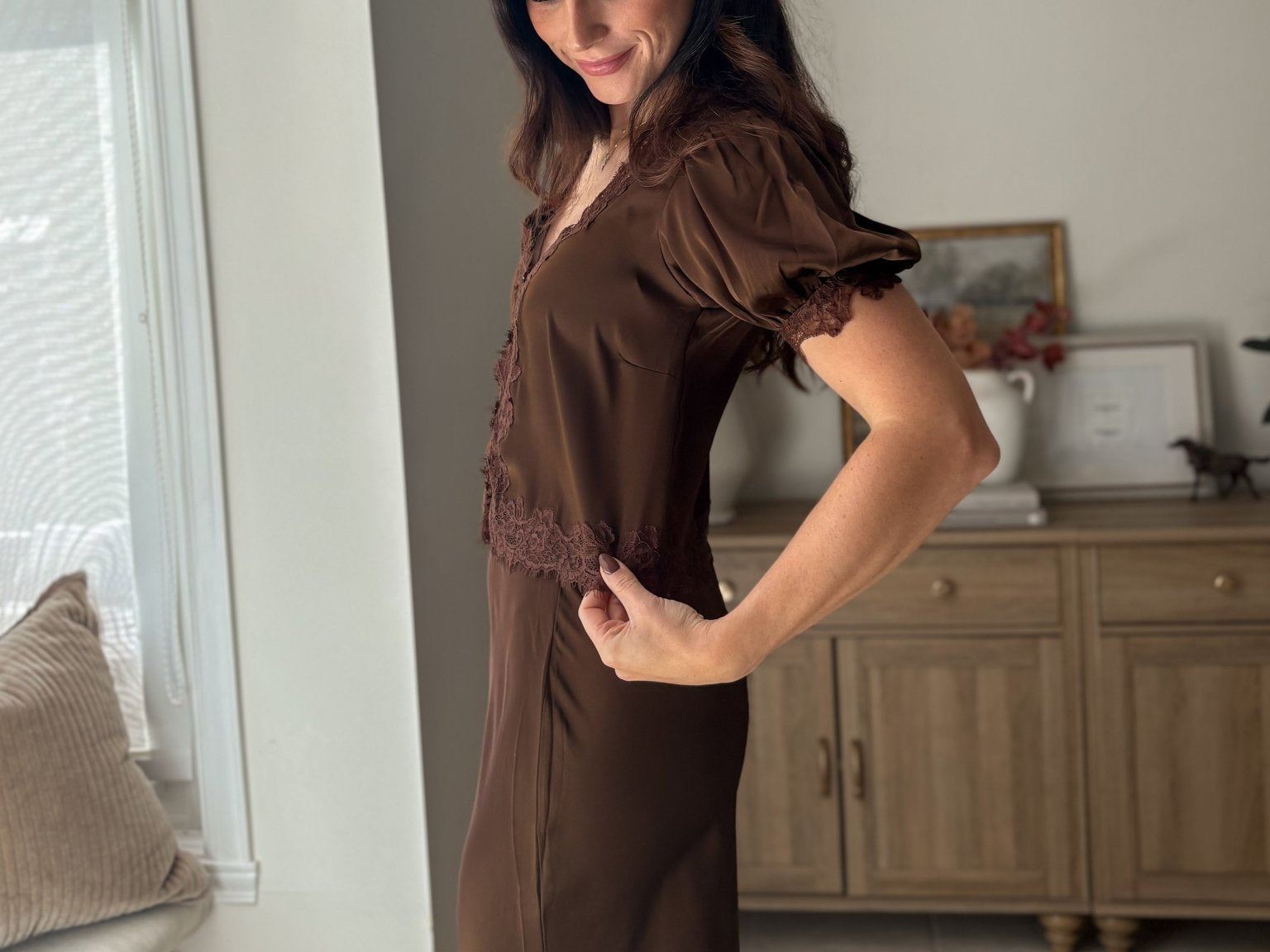 The 'Harvest House' Satin Lace Trim V Neck Puff Sleeve Blouse - Love and Lee Apparel