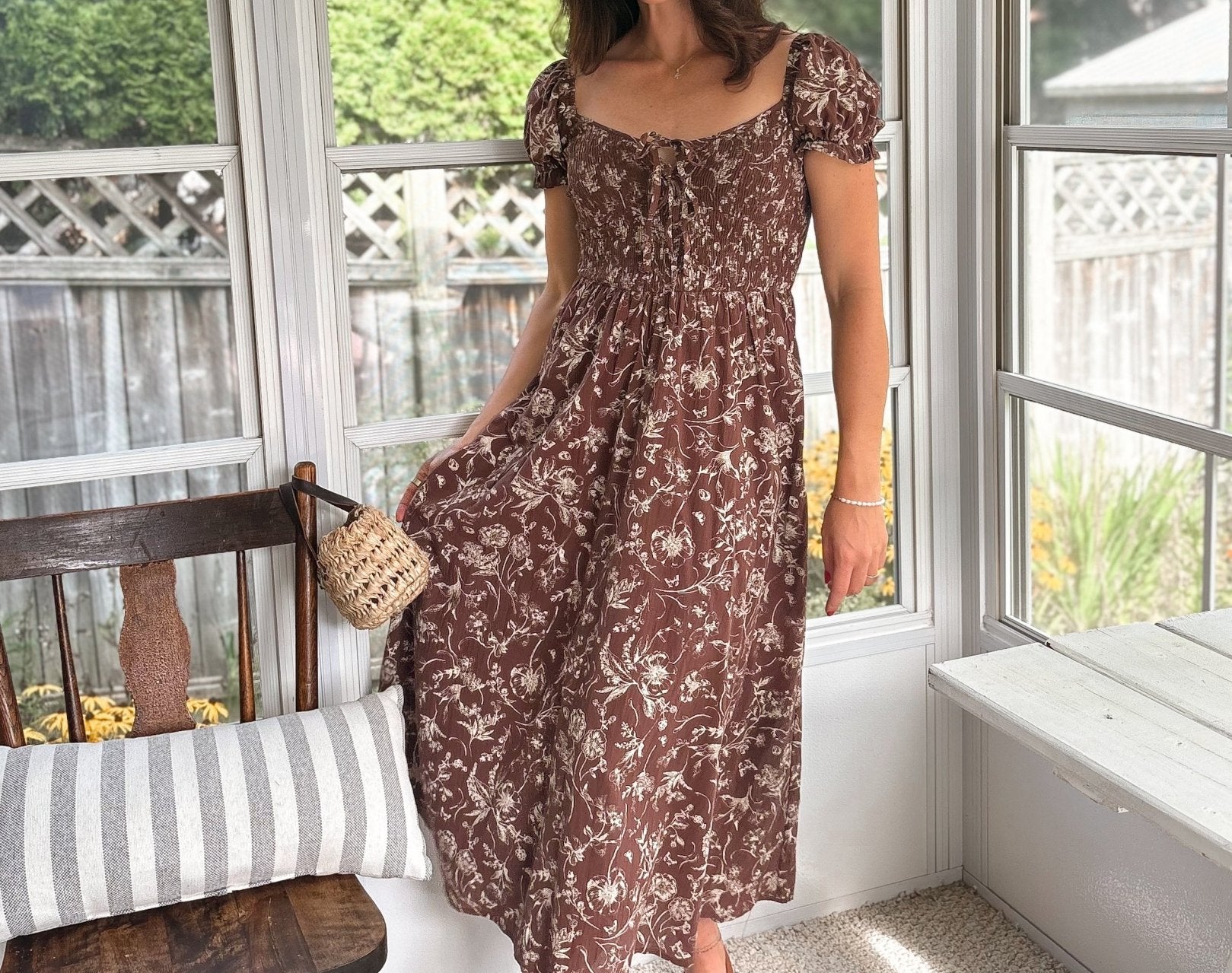 The Elphie Floral Toile Front Tie Smocked Midi Dress - Love and Lee Apparel