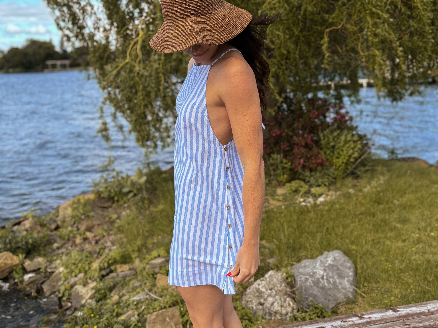 Muskoka Striped Straight Neck Knee-Length Dress in Blue - Love and Lee Apparel
