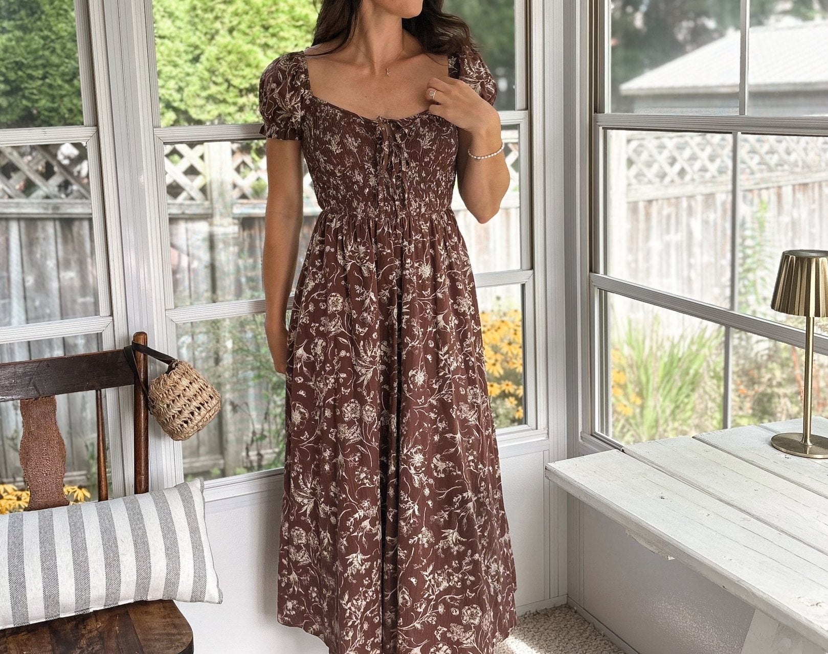 The Elphie Floral Toile Front Tie Smocked Midi Dress - Love and Lee Apparel