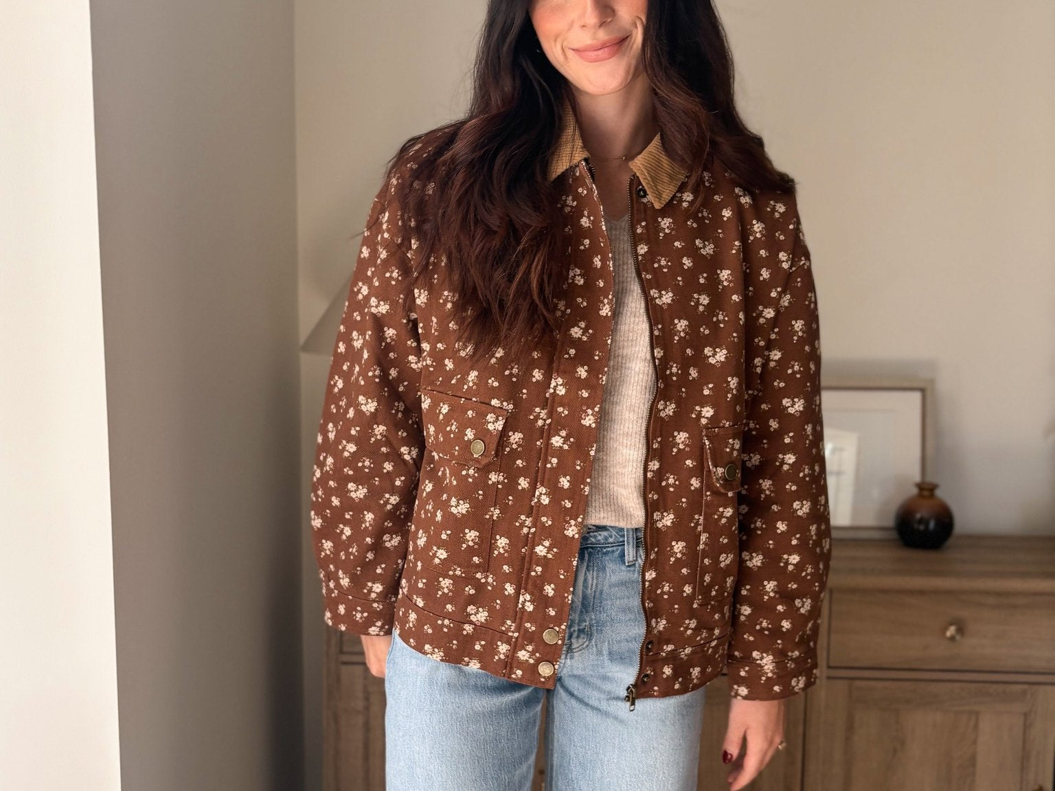The Golden Hour Floral Corduroy Collar Button Down Denim Jacket - Love and Lee Apparel