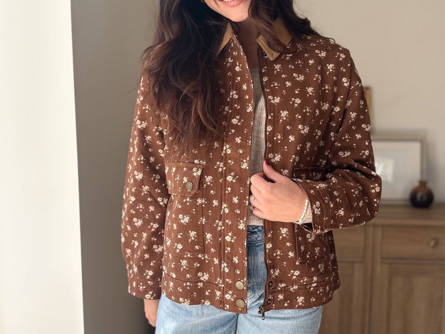 The Golden Hour Floral Corduroy Collar Button Down Denim Jacket - Love and Lee Apparel