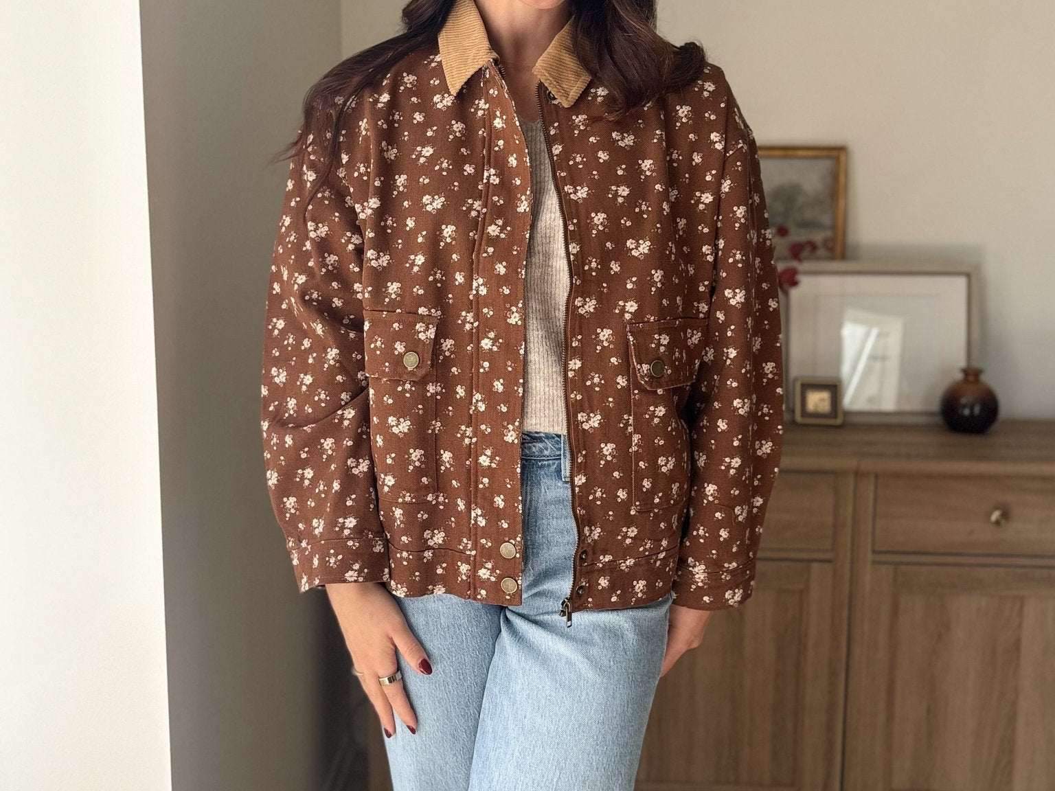 The Golden Hour Floral Corduroy Collar Button Down Denim Jacket - Love and Lee Apparel
