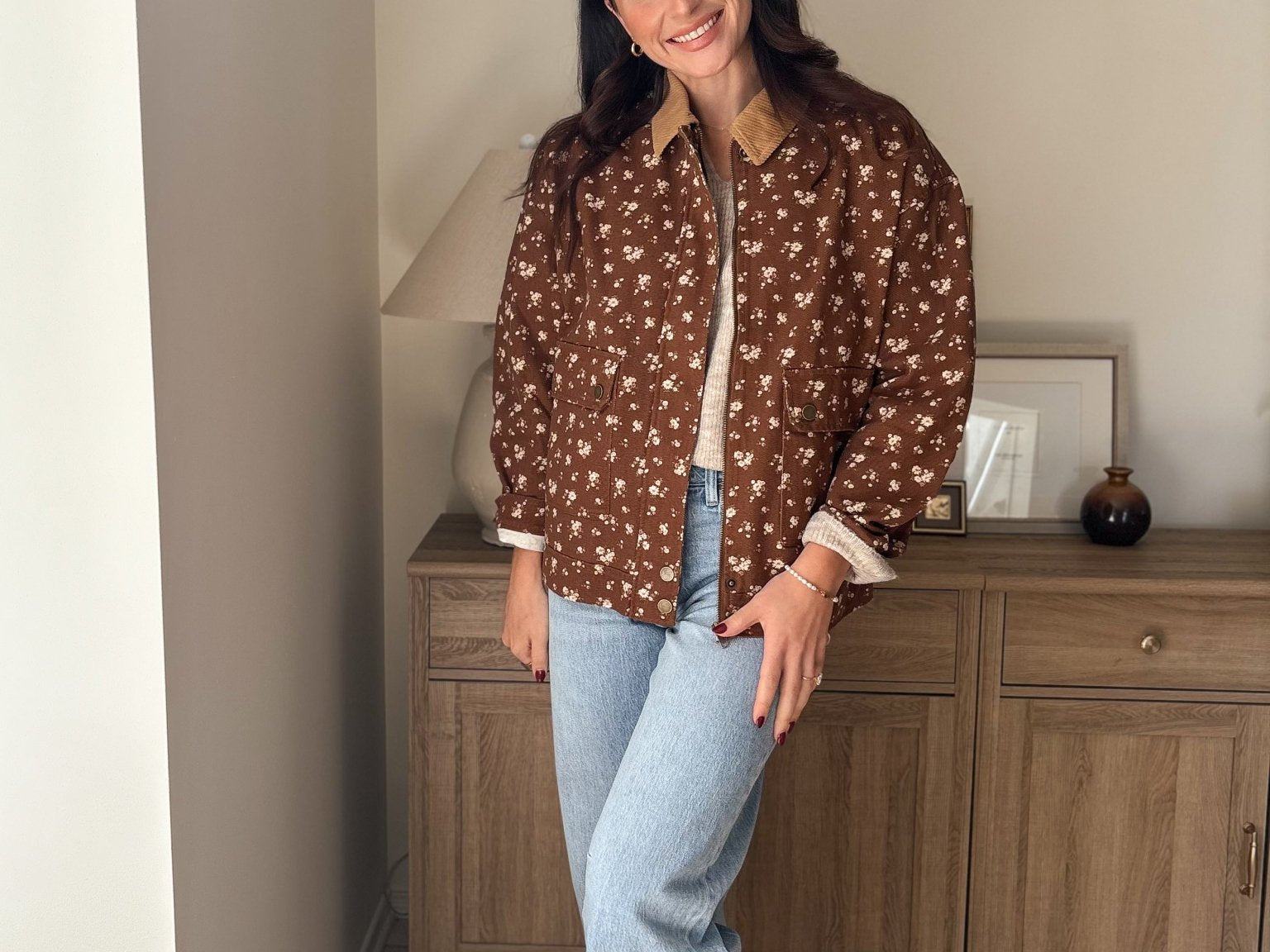 The Golden Hour Floral Corduroy Collar Button Down Denim Jacket - Love and Lee Apparel