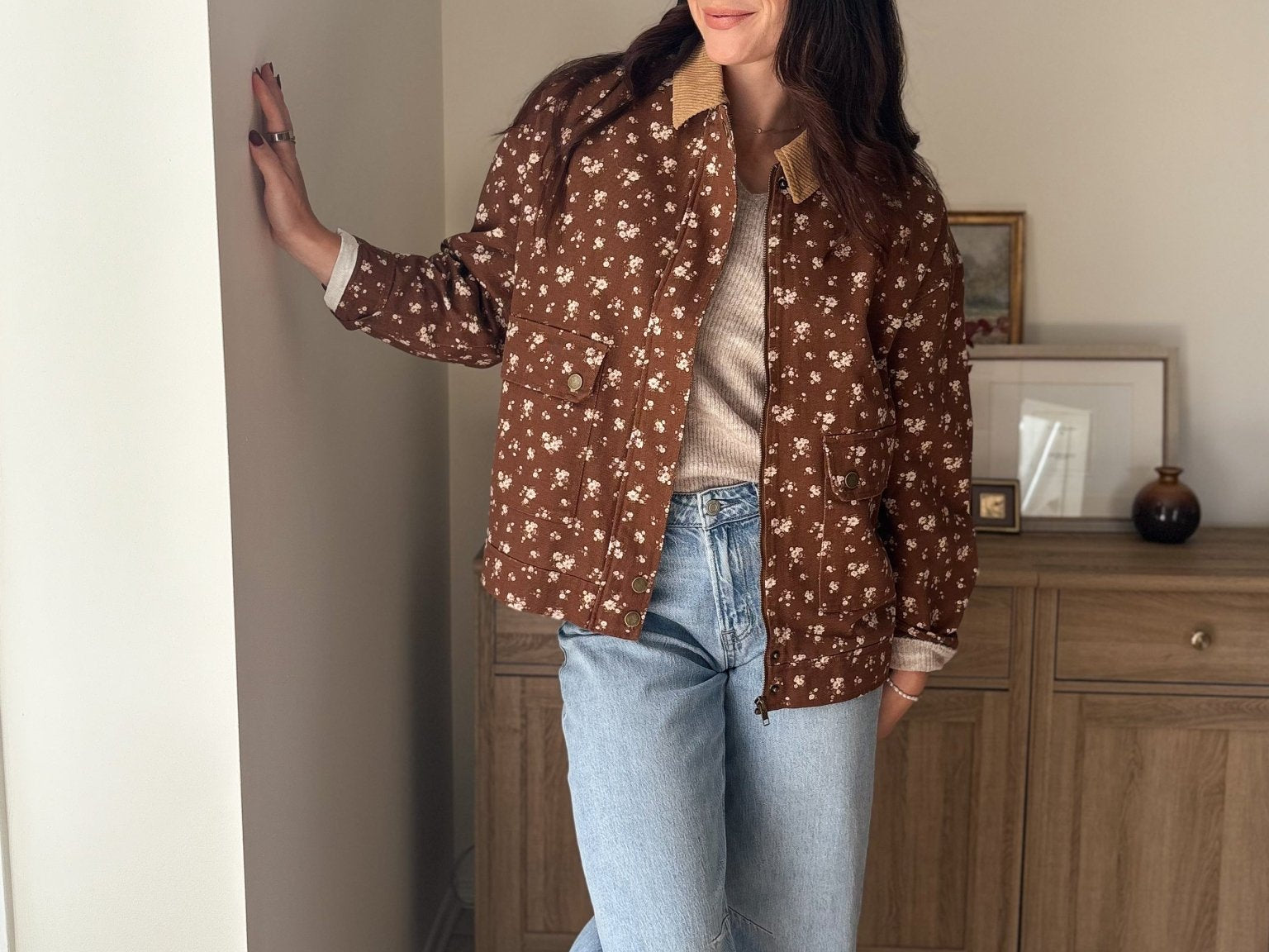 The Golden Hour Floral Corduroy Collar Button Down Denim Jacket - Love and Lee Apparel