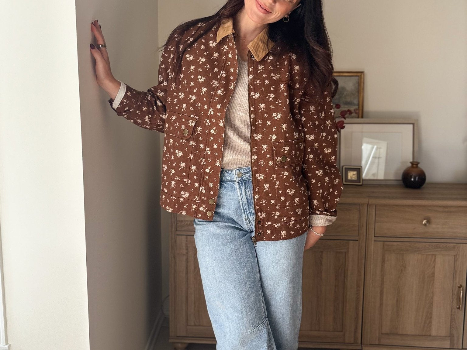 The Golden Hour Floral Corduroy Collar Button Down Denim Jacket - Love and Lee Apparel