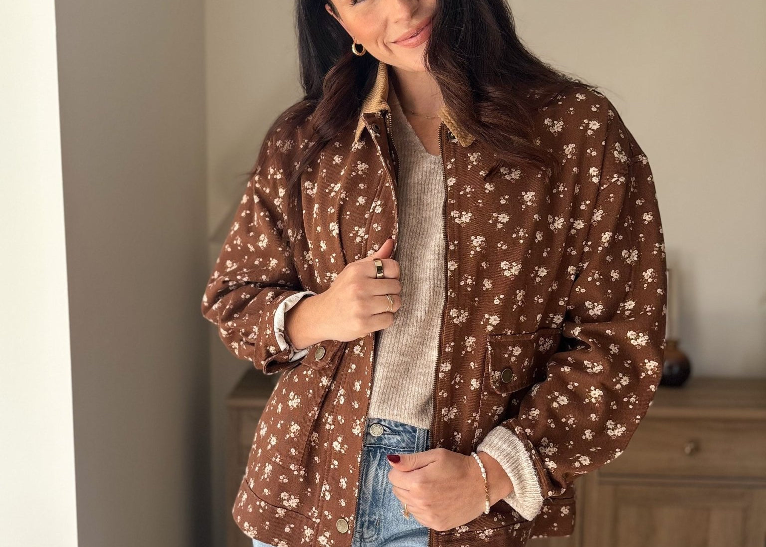The Golden Hour Floral Corduroy Collar Button Down Denim Jacket - Love and Lee Apparel