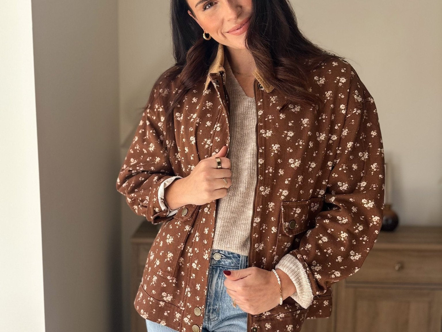 The Golden Hour Floral Corduroy Collar Button Down Denim Jacket - Love and Lee Apparel