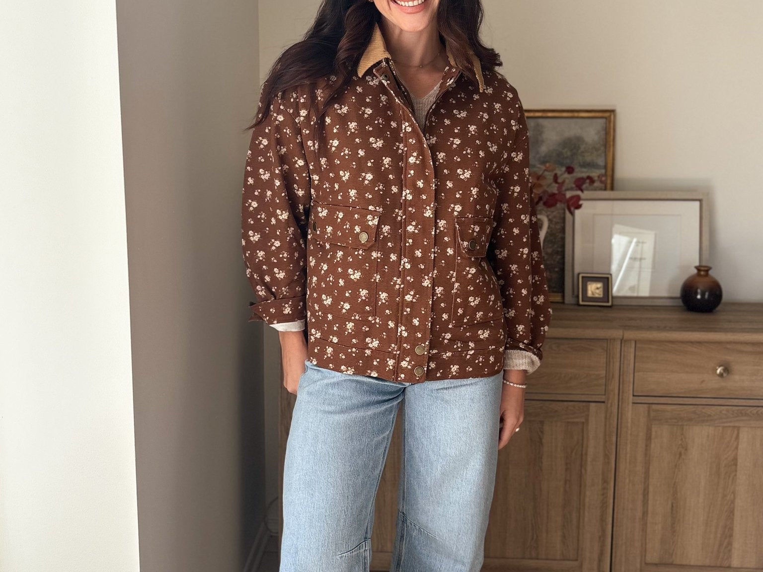 The Golden Hour Floral Corduroy Collar Button Down Denim Jacket - Love and Lee Apparel