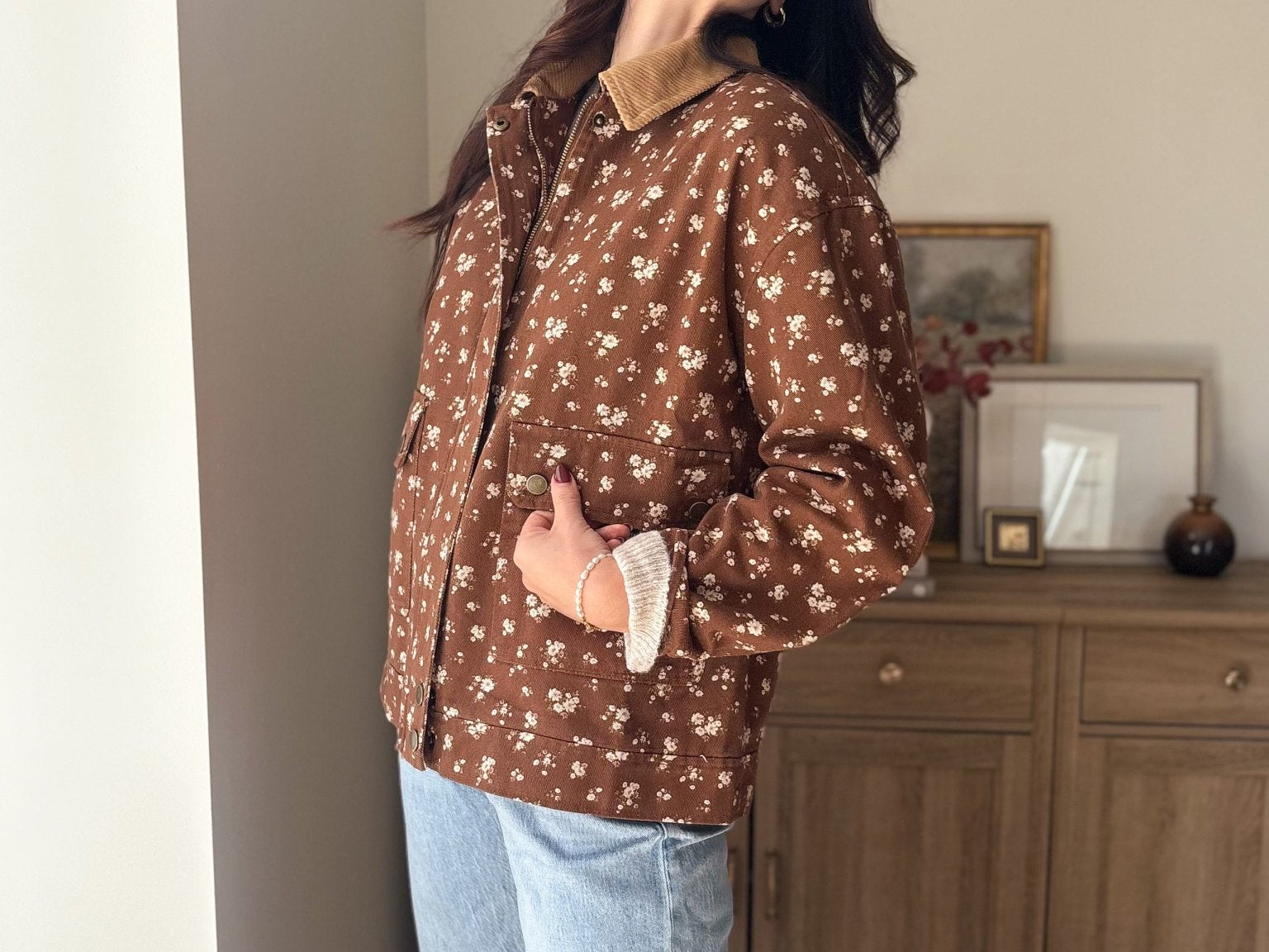 The Golden Hour Floral Corduroy Collar Button Down Denim Jacket - Love and Lee Apparel