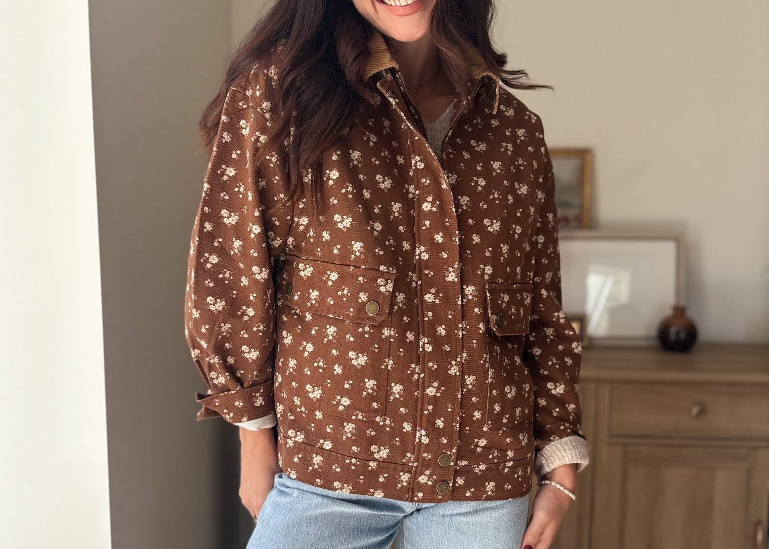 The Golden Hour Floral Corduroy Collar Button Down Denim Jacket - Love and Lee Apparel