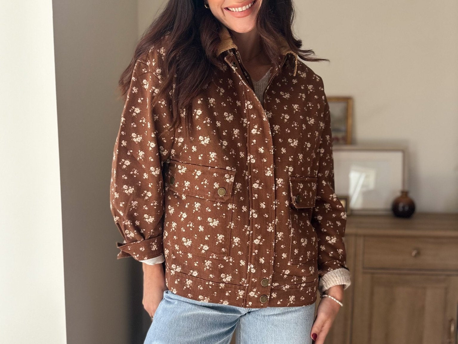 The Golden Hour Floral Corduroy Collar Button Down Denim Jacket - Love and Lee Apparel