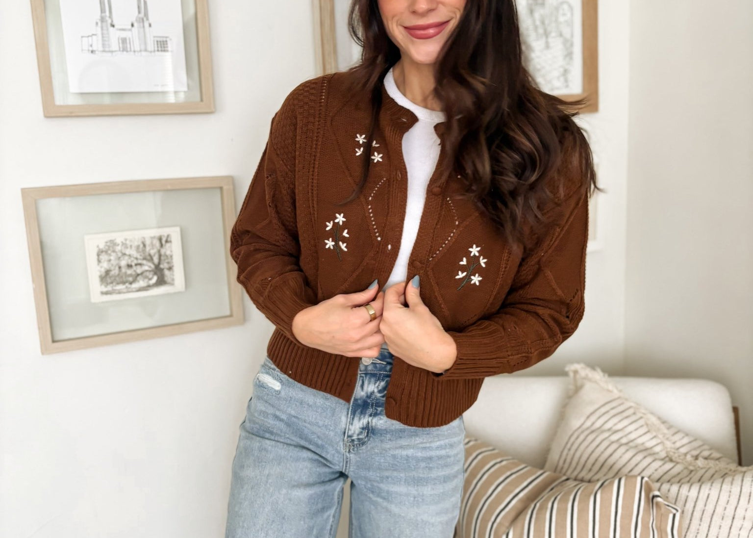 The Ethel Floral Embroidered Knit Cardigan in Brown - Love and Lee Apparel