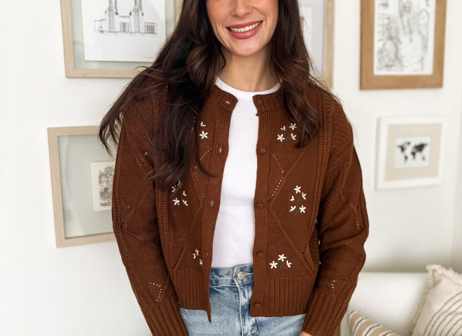 The Ethel Floral Embroidered Knit Cardigan in Brown - Love and Lee Apparel