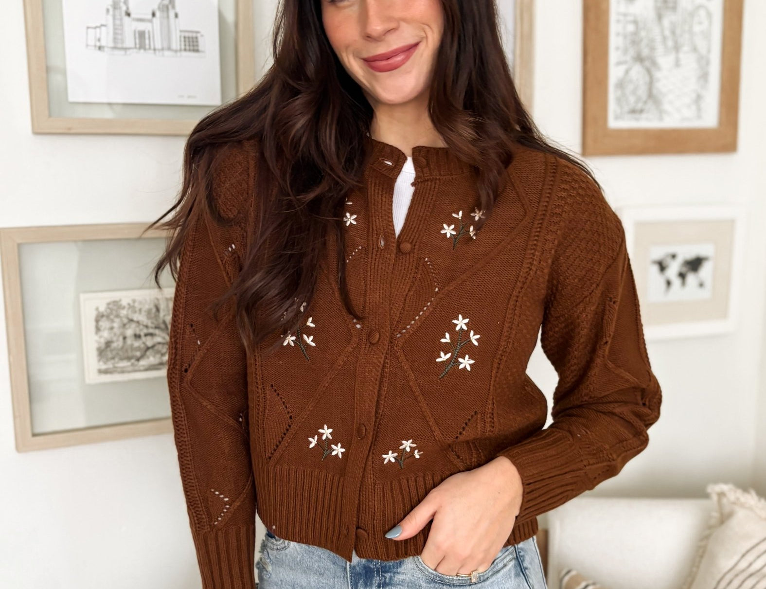 The Ethel Floral Embroidered Knit Cardigan in Brown - Love and Lee Apparel