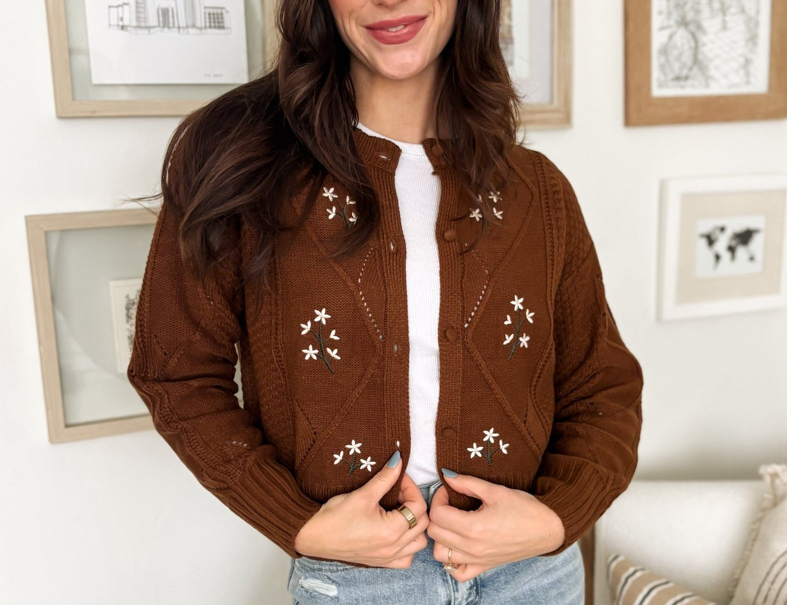 The Ethel Floral Embroidered Knit Cardigan in Brown - Love and Lee Apparel