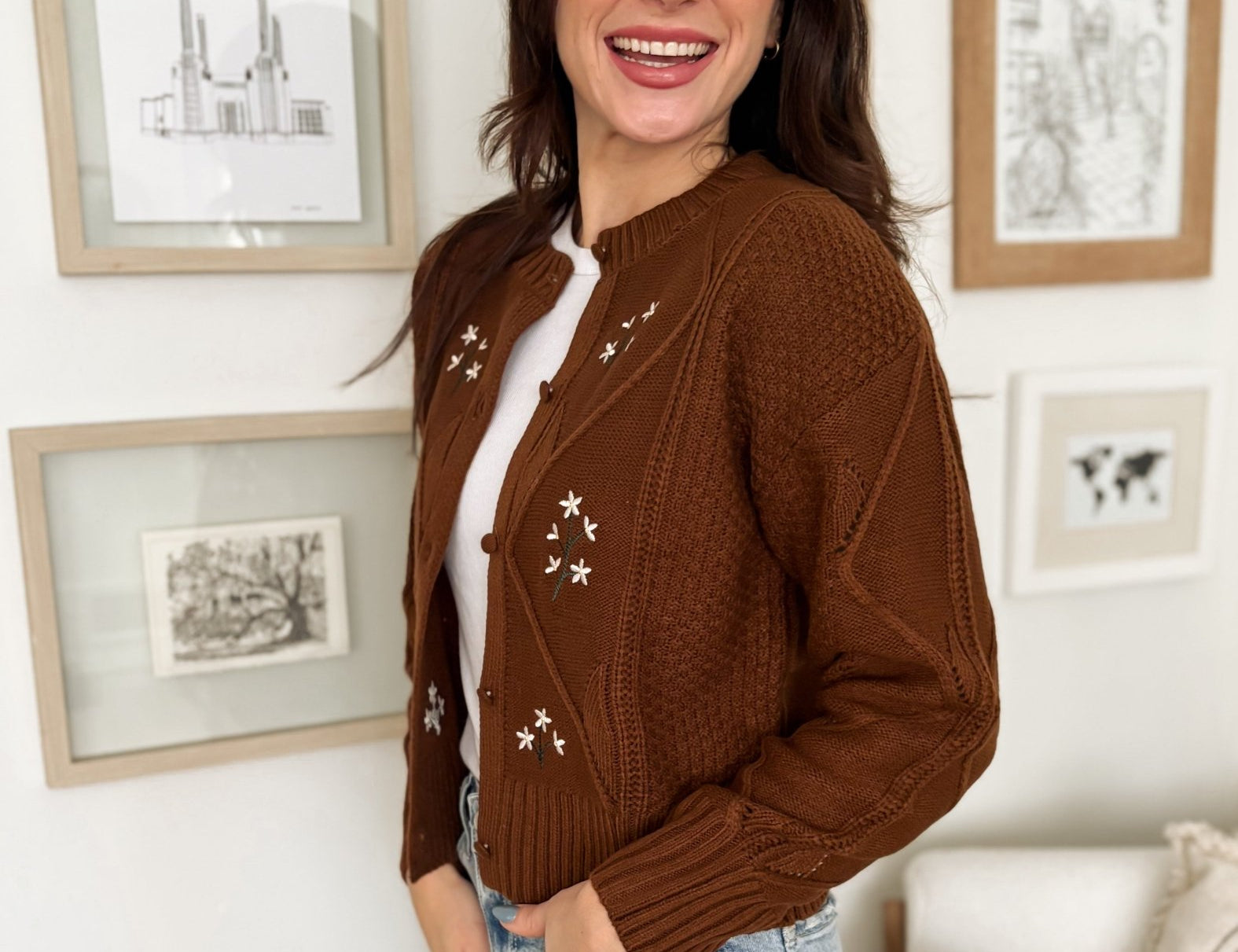 The Ethel Floral Embroidered Knit Cardigan in Brown - Love and Lee Apparel