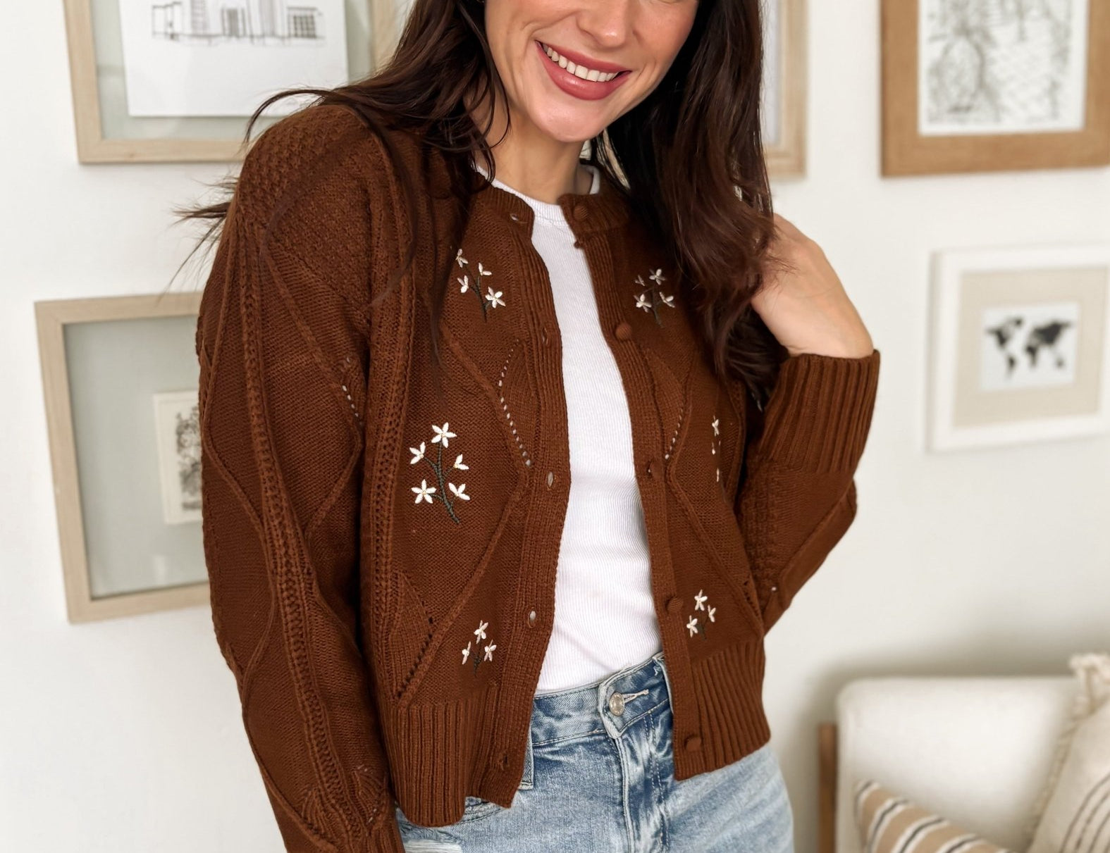 The Ethel Floral Embroidered Knit Cardigan in Brown - Love and Lee Apparel
