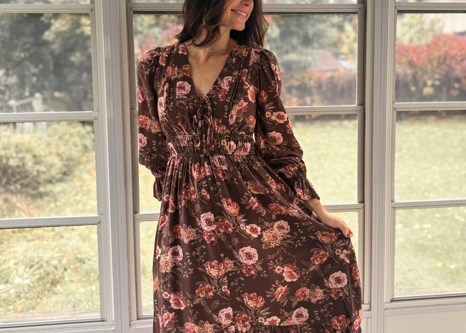 The 'Autumn Afterglow' Floral V-Neck Long Sleeve Midi Dress in Brown - Love and Lee Apparel