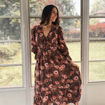 The 'Autumn Afterglow' Floral V-Neck Long Sleeve Midi Dress in Brown - Love and Lee Apparel