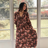 The 'Autumn Afterglow' Floral V-Neck Long Sleeve Midi Dress in Brown - Love and Lee Apparel