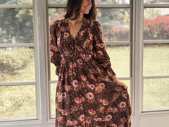 The 'Autumn Afterglow' Floral V-Neck Long Sleeve Midi Dress in Brown - Love and Lee Apparel
