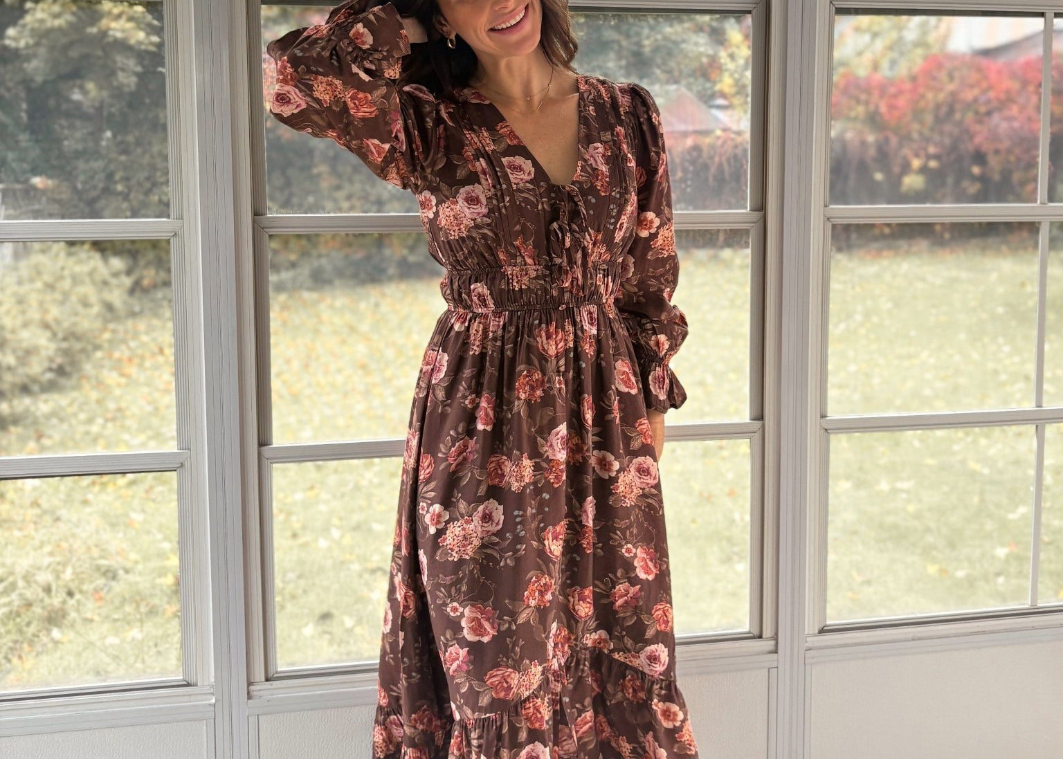 The 'Autumn Afterglow' Floral V-Neck Long Sleeve Midi Dress in Brown - Love and Lee Apparel