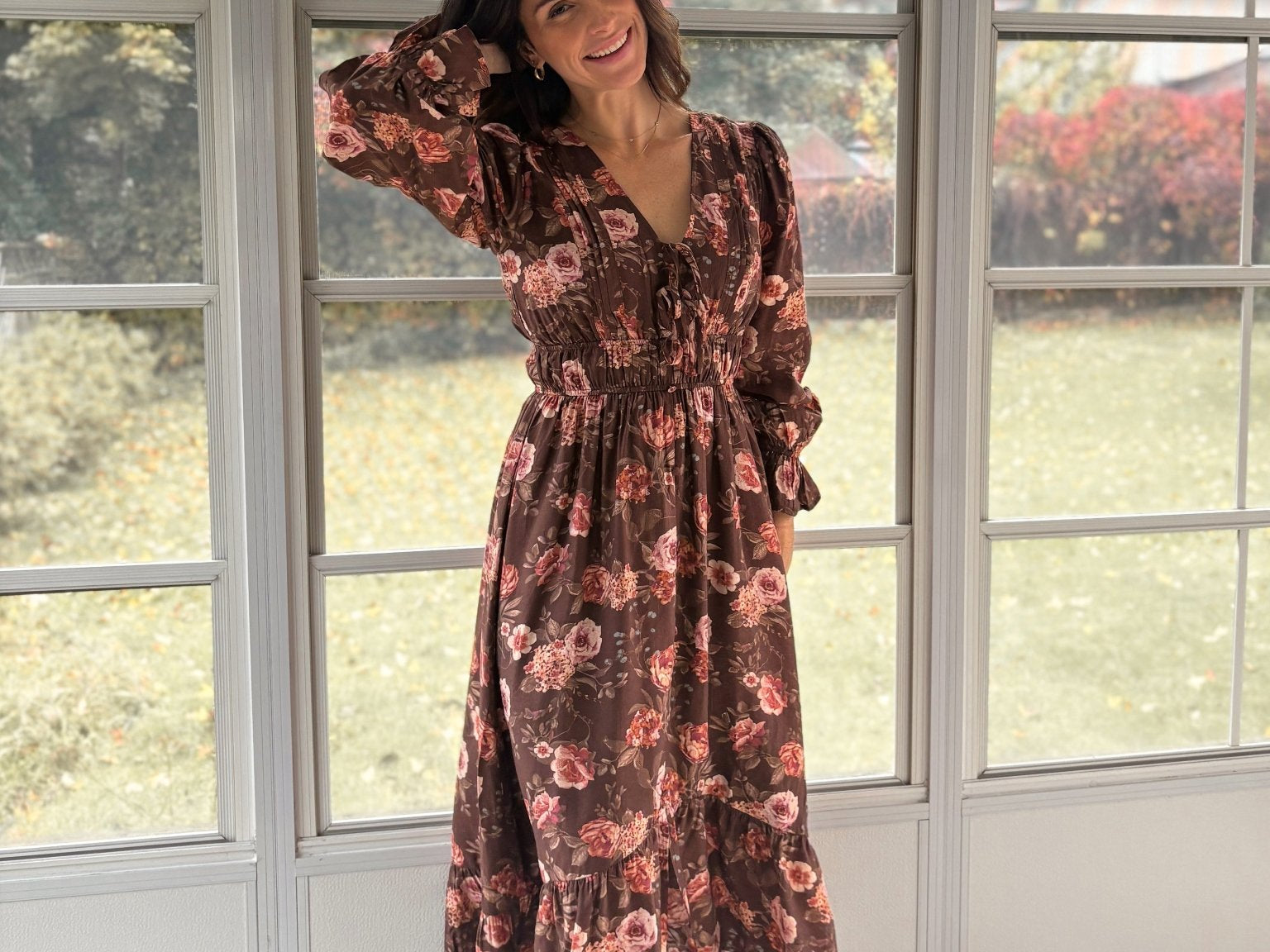 The 'Autumn Afterglow' Floral V-Neck Long Sleeve Midi Dress in Brown - Love and Lee Apparel