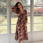 The 'Autumn Afterglow' Floral V-Neck Long Sleeve Midi Dress in Brown - Love and Lee Apparel