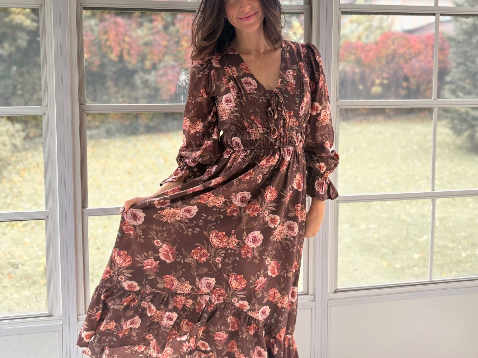 The 'Autumn Afterglow' Floral V-Neck Long Sleeve Midi Dress in Brown - Love and Lee Apparel