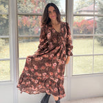 The 'Autumn Afterglow' Floral V-Neck Long Sleeve Midi Dress in Brown - Love and Lee Apparel