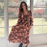 The 'Autumn Afterglow' Floral V-Neck Long Sleeve Midi Dress in Brown - Love and Lee Apparel