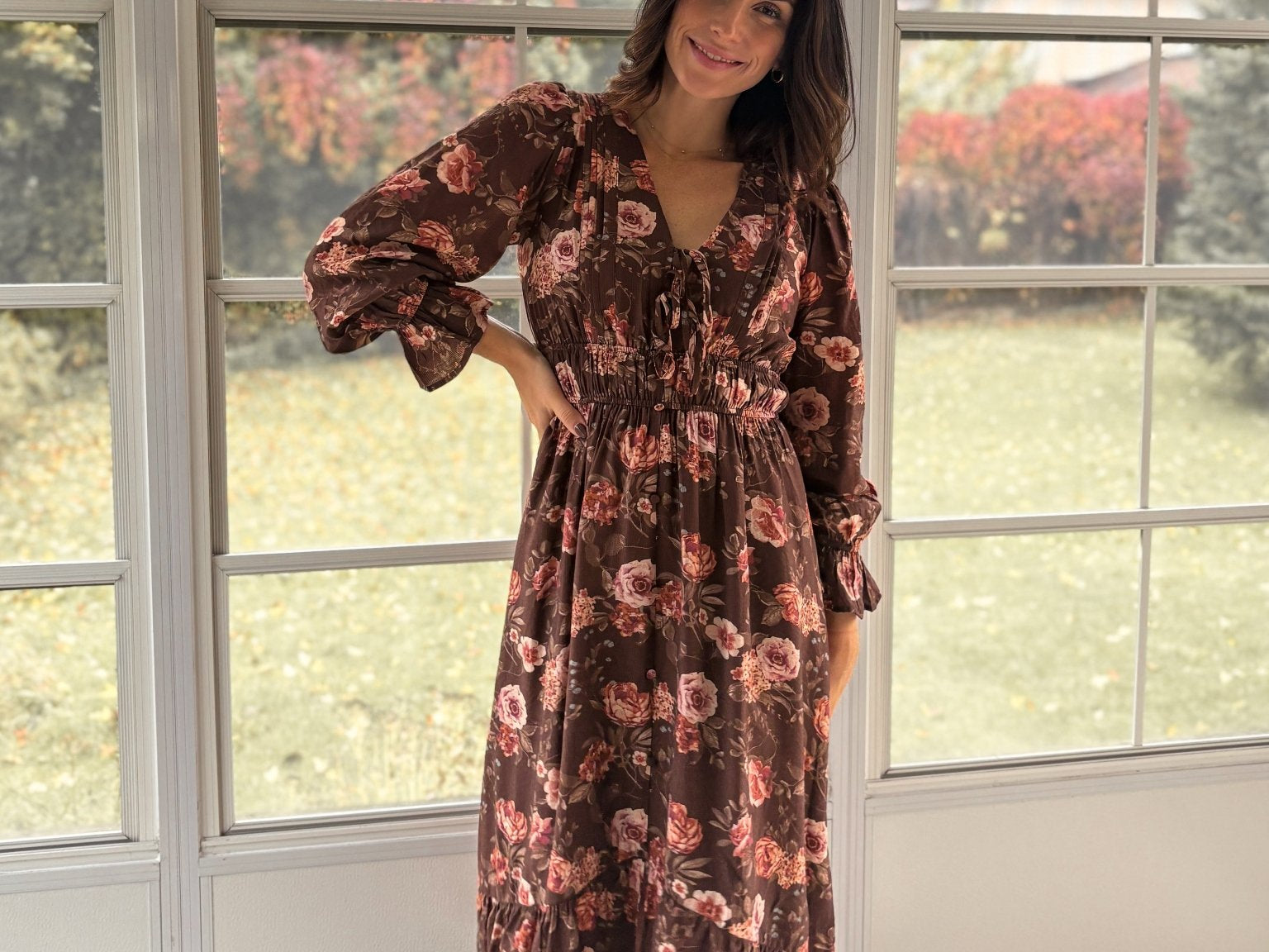 The 'Autumn Afterglow' Floral V-Neck Long Sleeve Midi Dress in Brown - Love and Lee Apparel